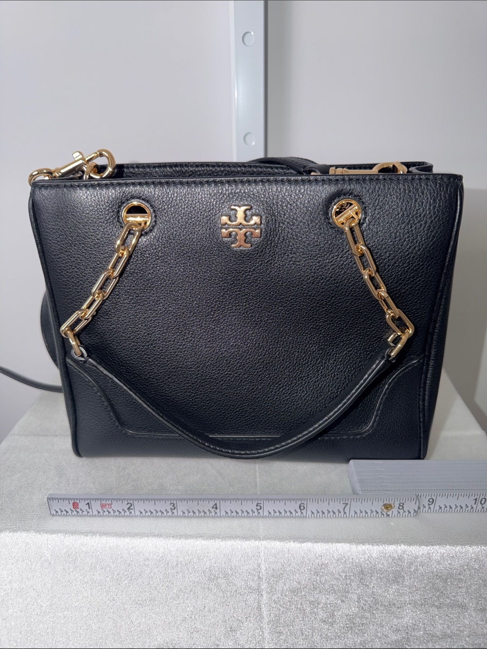 Tory Burch Black Pebbled Leather Triple Compartment Tote Gold Chain Shoulder Bag
